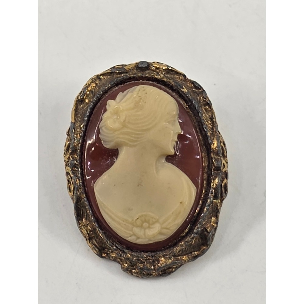 Vintage Cameo Brooch Pin Gold Tone Ornate Frame Victorian Style Red Cream Woman - Picture 1 of 6